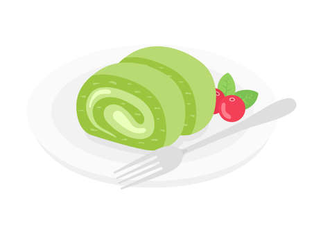 Illustration of matcha roll cake on a plateのイラスト素材