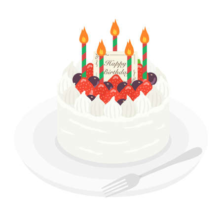 Illustration of a birthday cake on a plateのイラスト素材