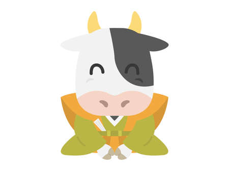 Illustration of a cow bowing in a kimonoのイラスト素材
