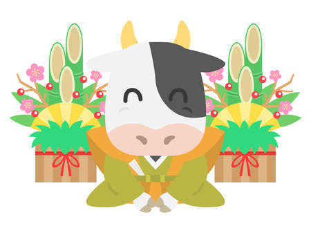 Illustration of a cow wearing a kimono and greetingのイラスト素材