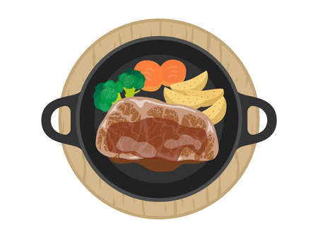 Illustration of steak meat lying on a steel plateのイラスト素材