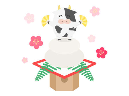 Illustration of a cow's character on Kagami-mochiのイラスト素材