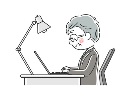 Illustration of elderly Japanese businessman working on laptop at deskのイラスト素材