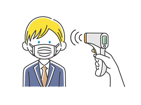 Illustration of caucasian businessman being warmed by infrared thermometerのイラスト素材