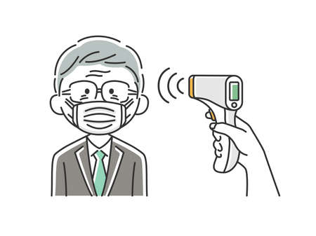 Illustration of elderly Japanese businessman being warmed by infrared thermometerのイラスト素材