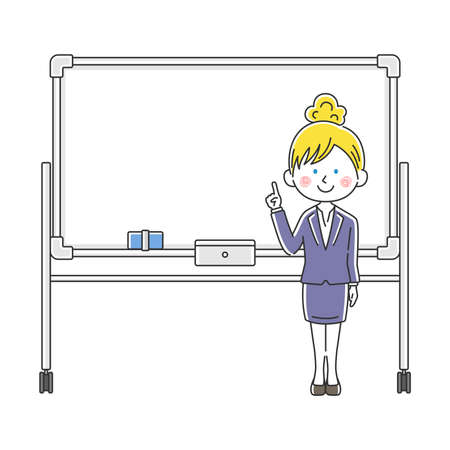 Illustration of caucasian businesswoman explained on whiteboardのイラスト素材