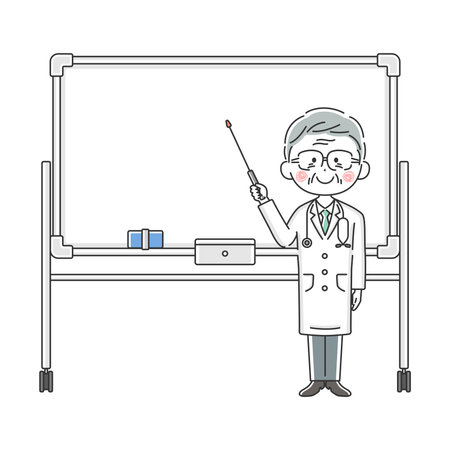 Illustration of an elderly Japanese doctor explained on a whiteboardのイラスト素材