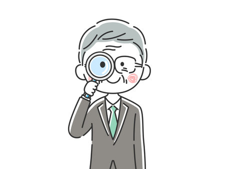 Illustration of elderly Japanese businessman using magnifying glassのイラスト素材