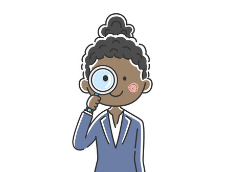 Illustration of black businesswoman using magnifying glassのイラスト素材
