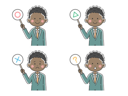 Illustration of a black businessman answering with a boardのイラスト素材