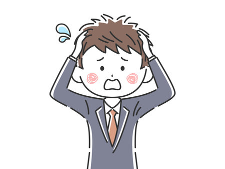Illustration of a Japanese businessman holding his headのイラスト素材