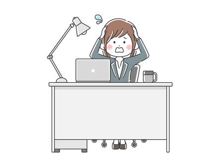 Japanese businesswoman holding her head at desk workのイラスト素材