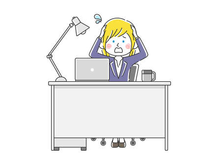 White businesswoman holding her head at desk workのイラスト素材