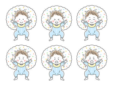 Illustration set of baby lying on nursing cushion in baby clothesのイラスト素材