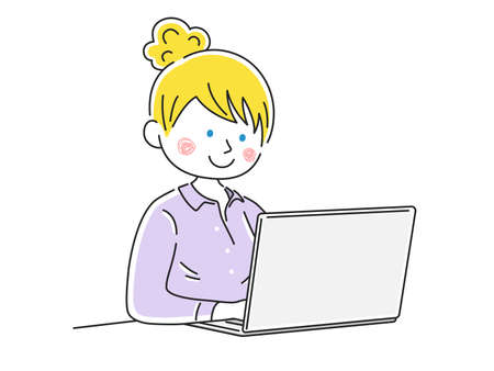 Illustration of caucasian woman working on laptopのイラスト素材