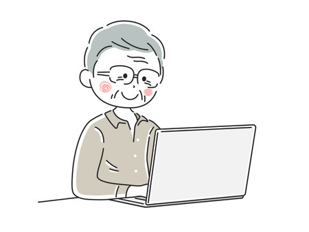Illustration of an elderly man working on a laptopのイラスト素材