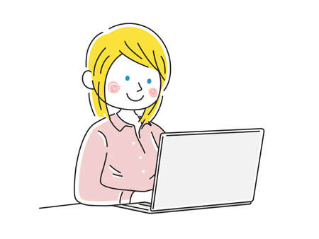 Illustration of caucasian woman working on laptopのイラスト素材