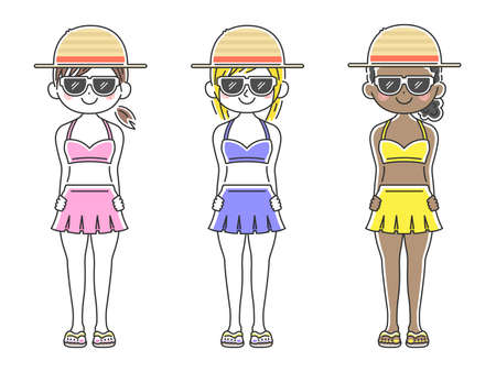 Illustration set of a woman in a swimsuit wearing a straw hatのイラスト素材