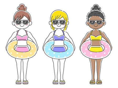 Illustration set of a woman in a swimsuit with a floatのイラスト素材