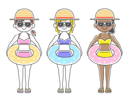 Illustration set of a woman in a swimsuit with a floatのイラスト素材