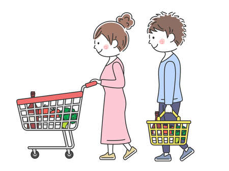 Illustration of a young man and woman shoppingのイラスト素材
