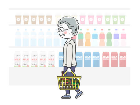 Illustration of an elderly man shopping in a supermarketのイラスト素材