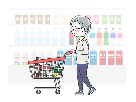 Illustration of an elderly man shopping in a shopping cartのイラスト素材