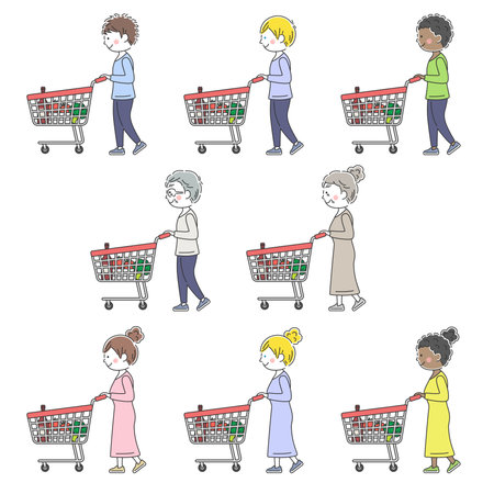 Illustration set of people shopping in shopping cartのイラスト素材
