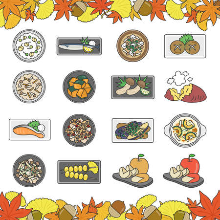 Illustration set of dishes using autumn ingredientsのイラスト素材