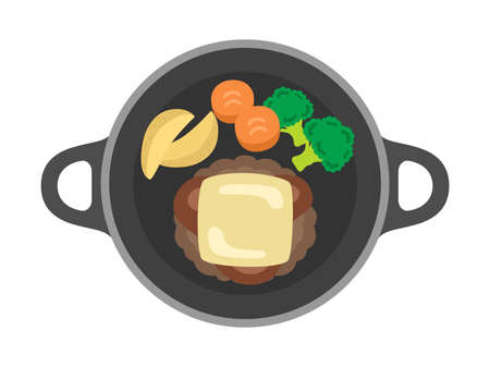 Illustration of cheese hamburger on iron plateのイラスト素材