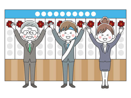 a male candidate who cheers on the election office hearing the preliminary electionsのイラスト素材