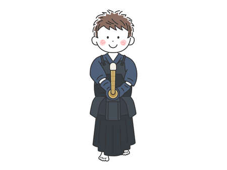 Illustration of a man wearing a kendo dress and holding upのイラスト素材