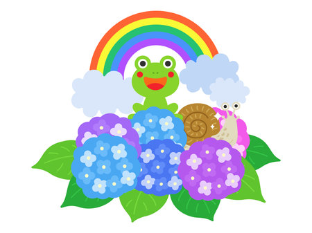 Illustration of a frog and snail on top of a hydrangea flowerのイラスト素材