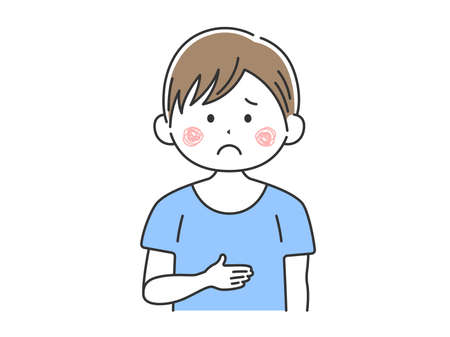 Illustration of a man holding his stomach with abdominal painのイラスト素材