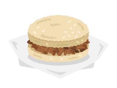 Illustration of a grilled meat rice burger with wrapping paper openのイラスト素材