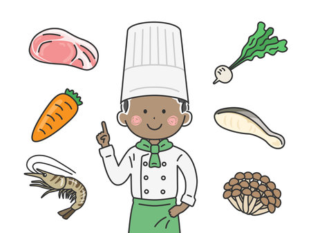 Illustration of a black male chef explaining ingredientsのイラスト素材