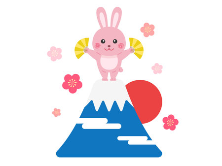Illustration of a rabbit character holding a fan at the top of Mt. Fujiのイラスト素材