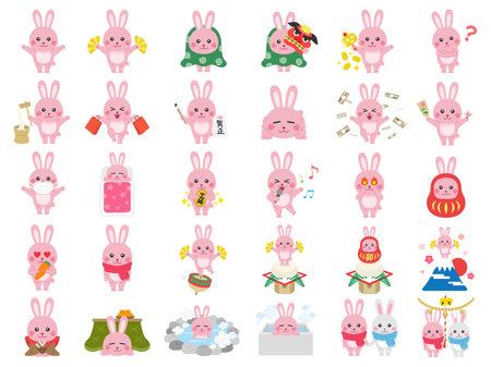 Set of pink rabbit illustration materials for the year 2023のイラスト素材