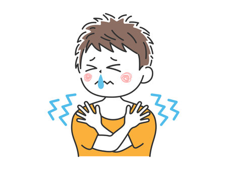 Cold and shivering, runny nose, illustration of young manのイラスト素材