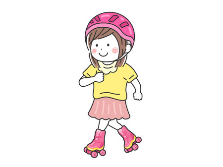 Illustration of girl wearing helmet and playing on roller skatesのイラスト素材
