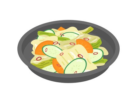 Illustration of Chinese cabbage, cucumber and carrot pickled on a plateのイラスト素材