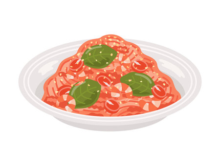 <p>Illustration of pasta with tomato sauce served on a plate</p>のイラスト素材