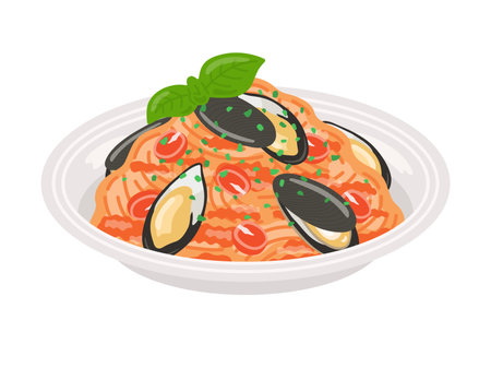 Illustration of mussel pasta on a plateのイラスト素材