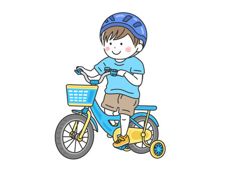 Illustration of a boy riding a light blue bicycle, with training wheelsのイラスト素材