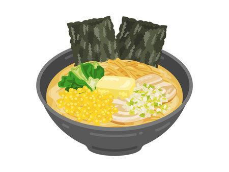 Illustration of miso ramen topped with nori seaweed, topped with butterのイラスト素材
