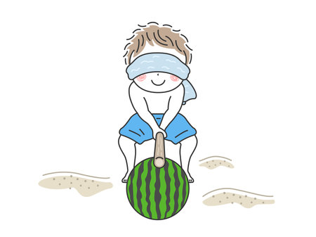 Watermelon splitting, cracking watermelon, illustration of a boyのイラスト素材