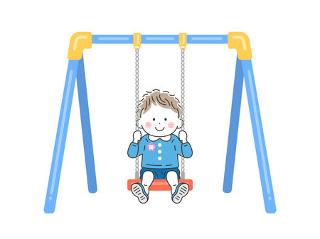 Illustration of a kindergartener boy riding a swingのイラスト素材