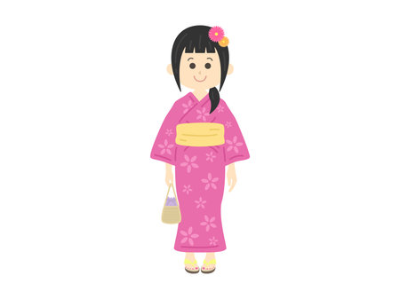 Illustration of a woman wearing a pink yukataのイラスト素材