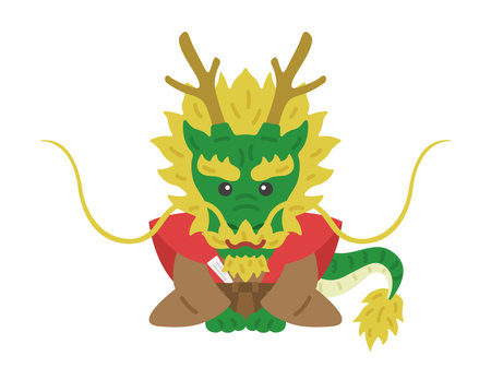Wearing a kimono and greeting, illustration of a dragon characterのイラスト素材