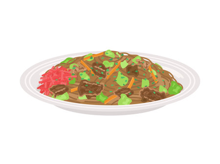 Illustration of yakisoba with sauce served on a plateのイラスト素材